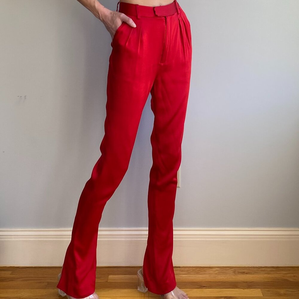 Lapointe high-rise cherry red viscose satin pleated trouser